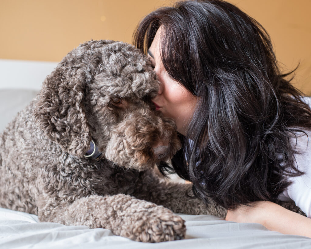 A brunette woman is laying with her dog on a bed, tummy down. The dog is a brown labradoodle and the woman is kissing him on the cheek 